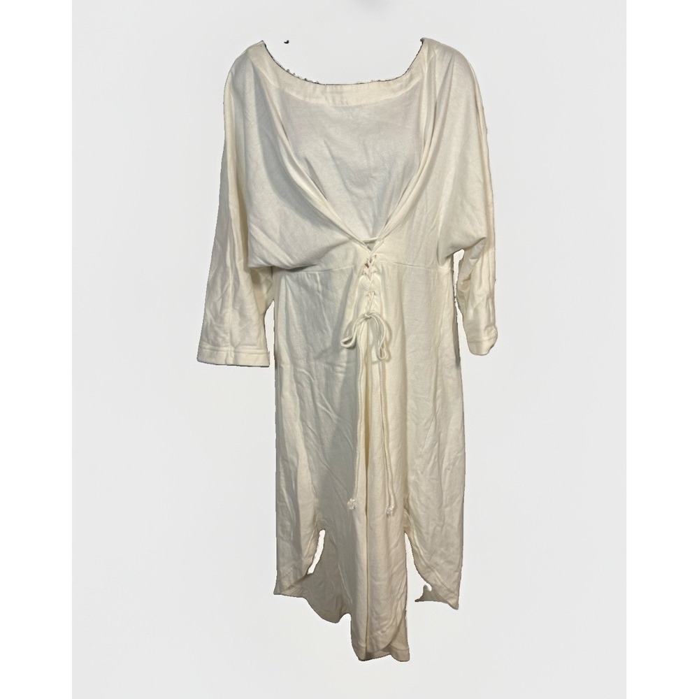 FP Beach Jersey Knit Dress Sz Lg Cream Long Sleeve Knit Midi Side Slits Boho Tie